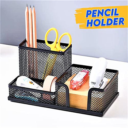2 Pack 3 in 1 Mesh Pen Holder for Desk, 3 Compartments Pencil Holder Desk Organizer Caddy with Sticky Notes Holder Easy Storage Suitable for Home, Office and School
