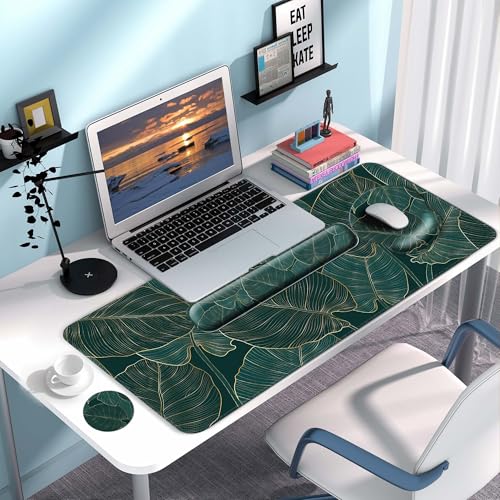 Desk Mat Set + Keyboard and Mouse Pad with Wrist Rest Support,4-in-1 Large Mousepad Computer Mats for Desktop Home & Office-Green Leaves - color: M-Green Leaves