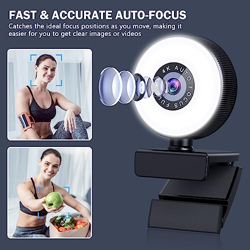 4K HD Autofocus Webcam with Microphone, Adjustable Light and Privacy Cover, Plug and Play USB for Laptop/Desktop Video Calling