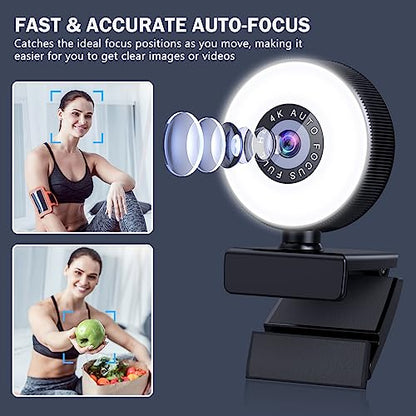 4K HD Autofocus Webcam with Microphone, Adjustable Light and Privacy Cover, Plug and Play USB for Laptop/Desktop Video Calling