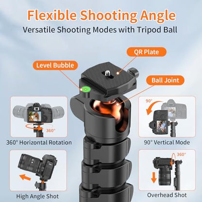 XXZU 75" Camera Tripod,Tripod For Camera Phone with Remote & 360° Ball Head,Aluminum Phone Tripod/Monopod,Camera Stand Tripod for iPhone/Canon/Nikon/DSLR/Digital Camera Accessory Kits,Max Load 17.64lb - size: 75in
