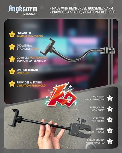 KBC1417 Mic Stand Phone Holder, Heavy-Duty Gooseneck Phone Holder with Super Clamp & Universal Phone Mount, Adjustable 360° Flexible Arm Clip for Mic Stand, Music Stand, Tripod, 9-INCH - size: 9" with Clamp