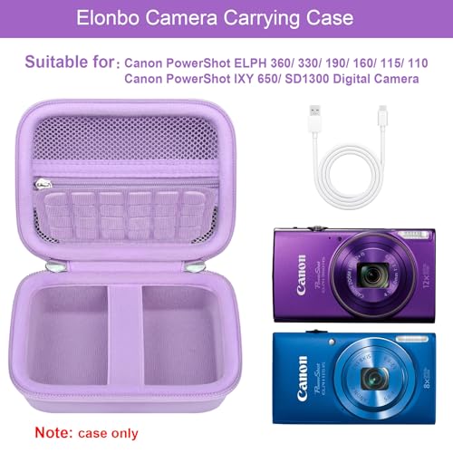 Elonbo Carrying Case for Canon PowerShot ELPH 360 HS A/ 360 HS/ 360/ IXY 650 Digital Camera, Canon PowerShot ELPH 330/190/160/115/130/110 Camera Hard Travel Bag, Mesh Pocket fits Battery Cable, Purple - color: Purple