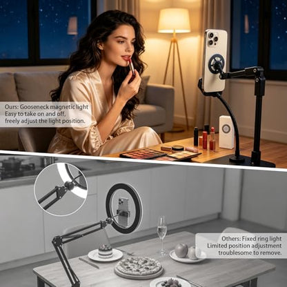 Overhead Phone Stand with Rechargeable Light, Adjustable Desk Smartphone Mount for Nail Art, Magnetic Holder for Cooking Videos, Content Creation, Filming, Live Streaming