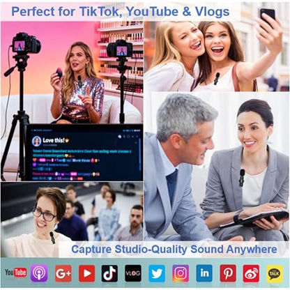 2-Pack Wireless Lavalier Microphone for iPhone & Android, Plug & Play No App/Bluetooth, Noise Reduction Dual Lapel Mic with Lightning/USB-C Receiver, 6H Battery Charging Case for Podcast TikTok