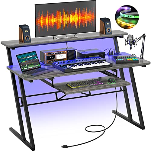 Armocity Music Studio Desk Production Workstation - Recording Studio Desk for Producer with Power Outlet & RGB LED Lights, Studio Workstation for Music Recording, Home Studio Table Desks, Grey Oak - color: Rgb Lighting Grey Oak