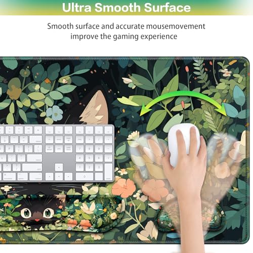 Mouse Pad Anime, Mouse Pad with Wrist Rest, 4-in-1 XXL Large Desk Mat Kawaii Mousepad with Gel Wrist Support Keyboard Wrists Rest Coaster, Ergonomic Gaming Cat Desk Pad, Funny Cute Office Accessories - color: Curious Cat