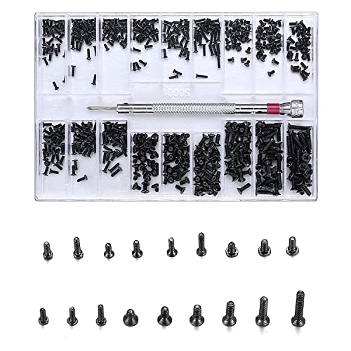 500 Pcs Small Replacement Screws, M1.2/M1.4/M2.0 Black Tiny Micro Laptop Computer Electronic Assortment Kit, Glasses Watches Hard Drive SSD Repair Screws, with Screwdriver