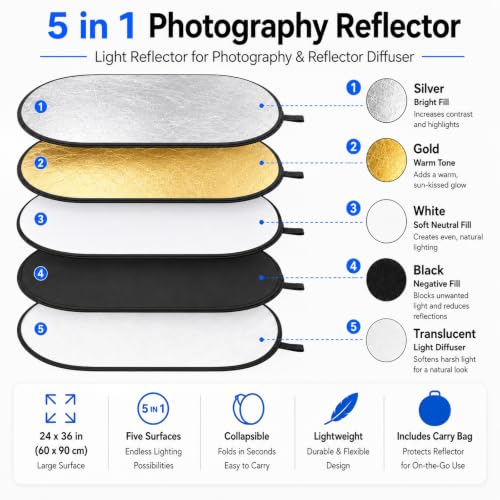 24x36in 5 in 1 Photography Reflector Light Diffuser 60x90cm,Collapsible Reflector Diffuser for Portrait, Product Photography Reflector and Studio Lighting Reflector with Carrying Bag - size: 24x36inch