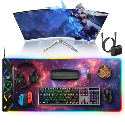 TopMade Wireless Charging Mouse Pad, RGB Gaming Mousepad, 35.4" x 15.8" Extra Large Waterproof Keyboard Desk Pad, Computer Desk Mat, Red Nebula (Includes 20W PD Power Adapter & 6.56ft Woven Cable) - color: RGB-Red Nebula-35.4"x15.8"-with Adapter