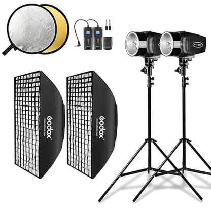 Godox Studio Flash Light Kit for Beginner Photography, Strobe Softbox Lighting Kit, 2x180W Compact Monolight with Flash Trigger, Grid Softbox, Light Stands, Reflector, GN 45, Recycle Time 0.5-3s 110V