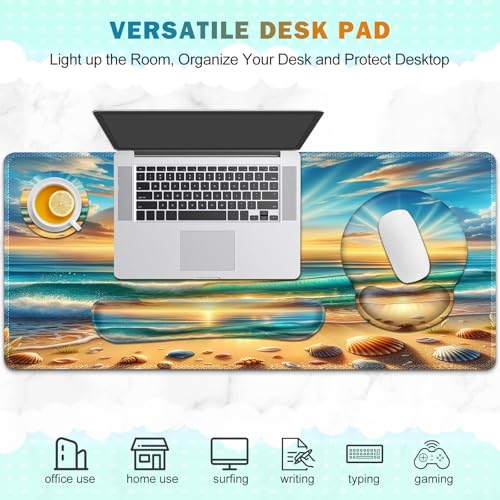 Gaming Mouse Pad, Large Desk Mat, Cute Desk Pad Protector, 4in1 XXL Mousepad + Keyboard Wrist Rest+Mouse Wrist Rest+Coaster Set with Ergonomic Desk Pad for Home Office Computer, Beach Sun Shell - color: Beach Sun Shell