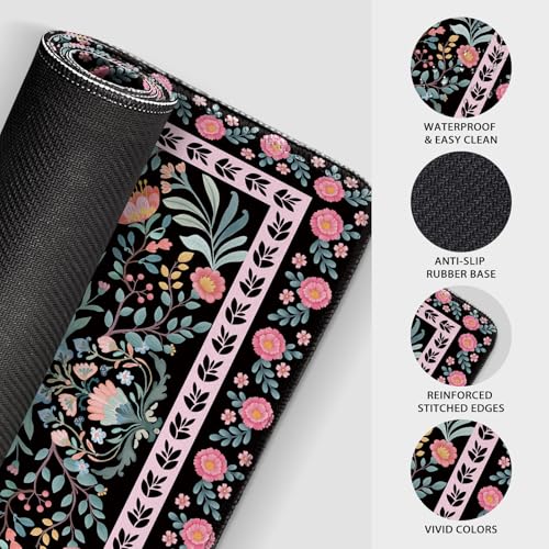 Black Floral Desk Mat, 31.5"x15.7" Large Mouse Pad, Anti-Slip Rubber Base Mousepad, Keyboard Pad with Stitched Edges, Water-Resistant Smooth Desk Blotter, Computer Mat for Home Office Desk - color: Black Floral