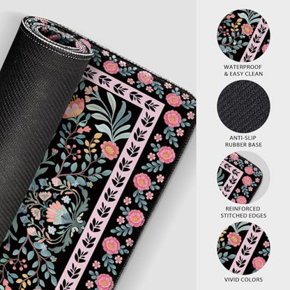 Black Floral Desk Mat, 31.5"x15.7" Large Mouse Pad, Anti-Slip Rubber Base Mousepad, Keyboard Pad with Stitched Edges, Water-Resistant Smooth Desk Blotter, Computer Mat for Home Office Desk - color: Black Floral