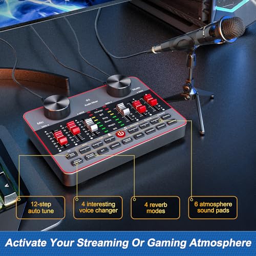 G1 Audio Mixer Kit for Live Streaming，Live Sound Card for Streaming，Audio Interface DJ Mixer Sound Card/Board Condenser Microphone for Tiktok Gaming Video Content Creator Kit.