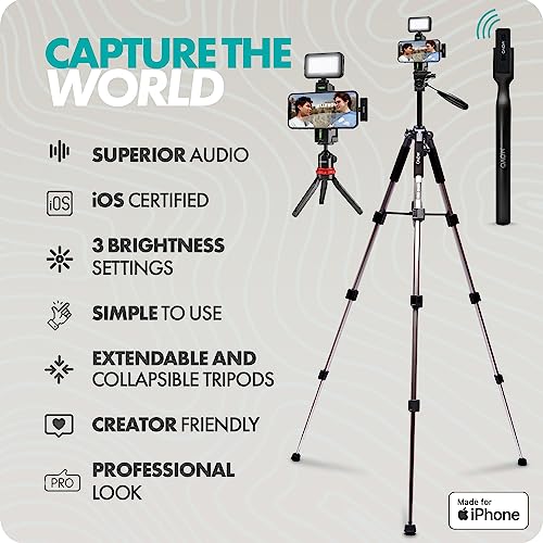 Movo iVlogger Wireless Vlogging Kit for iPhone with Dual Wireless iPhone Microphone, WMX-HM, Remote, Phone Mount, LED Light, and Tabletop/Full-Size Tripods - YouTube Starter Kit, Content Creator Kit