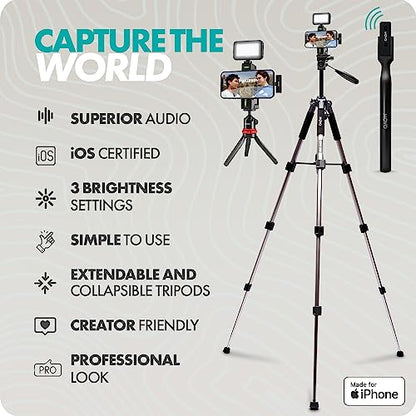 Movo iVlogger Wireless Vlogging Kit for iPhone with Dual Wireless iPhone Microphone, WMX-HM, Remote, Phone Mount, LED Light, and Tabletop/Full-Size Tripods - YouTube Starter Kit, Content Creator Kit