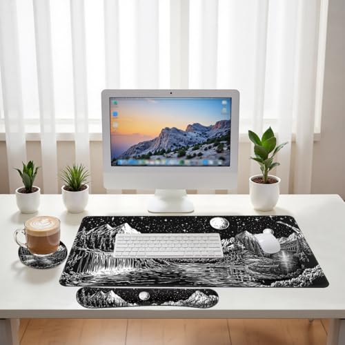 Moon Night Desk Mat Set Dark Mountain Landscape Large Mouse Pad with Wrist Rest 4in1 Desk Mat for Desktop Ergonomic Keyboard Wrist Support Anti-Slip Computer Ergonomic Mouse Pad Home Office Gaming - color: Moon Night