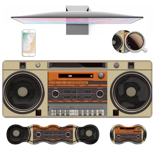 4 in 1 Ergonomic Keyboard Wrist Rest & Mouse Pad Wrist Rest Set, Large XXL Gaming Desk Mat 31.5"x 11.8" with Non-Slip Base, Memory Foam for Home Office Study Gaming, Retro Tape Recorder - color: Retro Tape Recorder