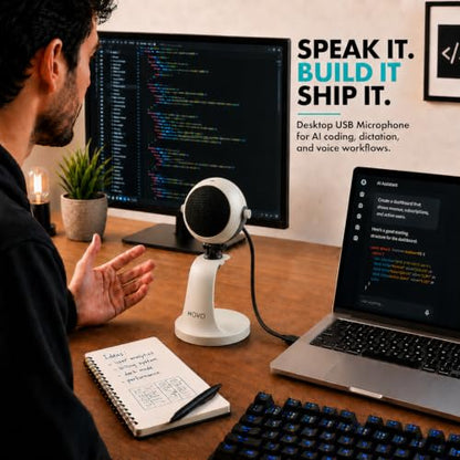 Movo WebMic USB Dictation Microphone in White – Cardioid for Vibe Coding | Cardioid Pickup Rejects Background Noise For Accurate Dictation. Gain Knob, Headphone Out, Mute. Desktop Stand, No Drivers. - color: Pearl White