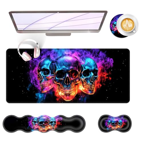Large Keyboard Mouse Pad Set, Extended Mouse Pad+Keyboard Wrist Rest Support, Memory Foam Ergonomic Easy Typing, 4Pcs (31.5×11.8 in) Desk Pad Set for Office Home,Smoke Skulls - color: Smoke Skulls