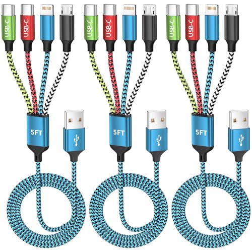 Travel Essentials,Dual Type-C 4 in 1 Multi Charging Cable, 3 Pack 5FT Universal Charging Cables for All Devices, 2 USB-C/IP/Micro USB Port, Compatible with iPhone 17 16/15 Series/Galaxy/Pad - color: Blue