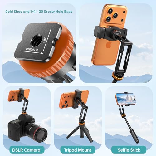 Phone Tripod Mount with Cold Shoe Mount, Portable Tripod Stand, Flexible Adjustable 2-Stage Arms Ball Joint Cellphone Holder Adapter, Compatible with iPhone 17|16|15|14|13|12|11, Nexus, LG, Galaxy Tab