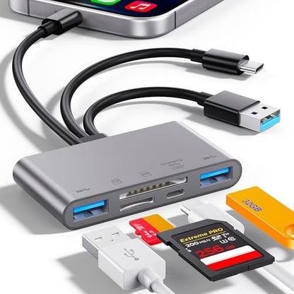 5-in-1 SD Card Reader,High-Speed USB 3.0 Adapter for Phone/Pad USB C/A Devices with TF&SD Card Slots, Supports SD/TF/SDHC/SDXC/MMC - color: Grey