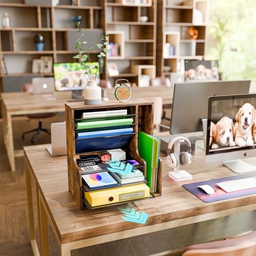 Simple Trending Wooden Desk Organizer, 7- Tier File Organizer, Adjustable Letter Tray Paper Organizer with File Holder for Office Supplies, Rustic Brown