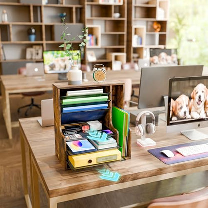 Simple Trending Wooden Desk Organizer, 7- Tier File Organizer, Adjustable Letter Tray Paper Organizer with File Holder for Office Supplies, Rustic Brown