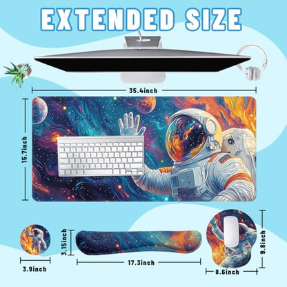 Cosmic Astronaut Desk Mat Set Colorful Galaxy Art Large Mouse Pad with Wrist Rest 4in1 Desk Mat for Desktop Ergonomic Keyboard Wrist Support Anti-Slip Computer Ergonomic Mouse Pad Home Office Gaming - color: Cosmic Astronaut