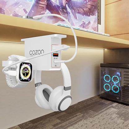 cozoo Headphone Stand with USB Charger (PD & QC3.0) Under Desk Headset Holder Mount 3 USB Charging Station,iWatch Stand Watch Dock Dual Earphone Hanger Hook,PC Accessories Gifts,UL Tested (White) - color: White (PD & QC3.0)