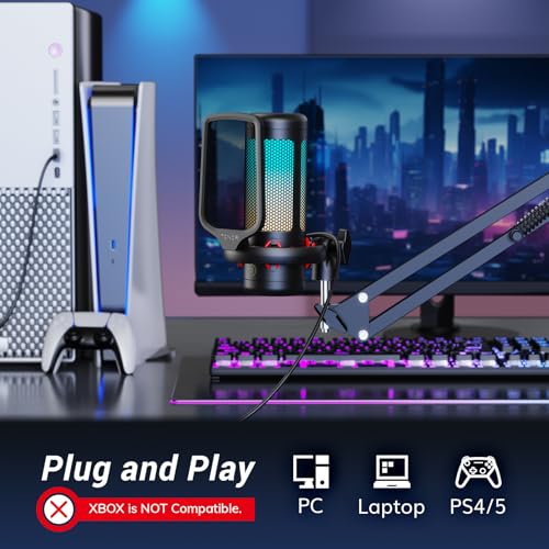 TONOR Gaming Microphone Set with Boom Arm, Vocal Condenser Microphone for Content Creators, USB Mic for PC with Stand, RGB, Tap Mute, Gain Control, Gaming Equipemnt, Twitch, Streaming, TC310+ - style: RGB Mic with Boom Arm