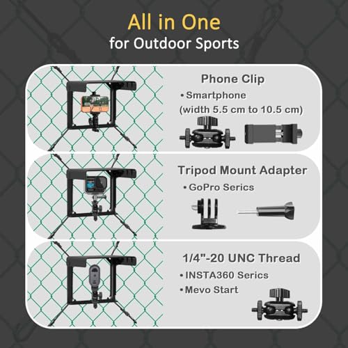 Cell Phone Fence Mount with Shade, Phones Holder Mounting Kit for iPhone, Mevo Start and Other Action Cameras, for Recording Baseball, Hockey, Softball and Tennis Games (Black)