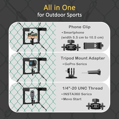 Cell Phone Fence Mount with Shade, Phones Holder Mounting Kit for iPhone, Mevo Start and Other Action Cameras, for Recording Baseball, Hockey, Softball and Tennis Games (Black)