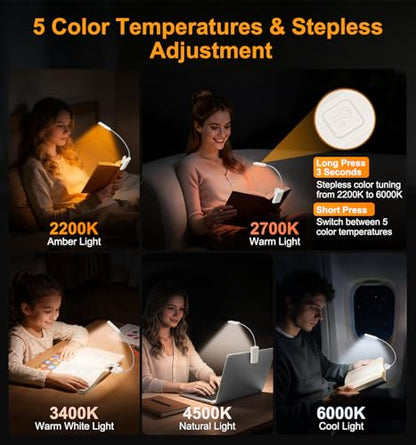 Gritin 2026 Gen 2 Book Light for Reading- 30 Eye Caring Full Spectrum LED | 5 Colors & 5 Brightness, Adjustable Wide/Narrow Beam, Upgrade 1500mAh Long-Lasting Rechargeable Clip on Light-White - color: White
