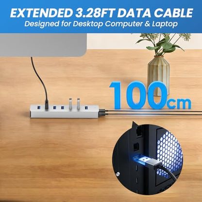 EJAY 7-Port Desktop USB 3.0 Hub for PC with Extra Power Port, Aluminum USB Splitter 5Gbps Data Transfer, 3.28ft Long Data & Power Cables for Laptop, Mac, Windows, Linux