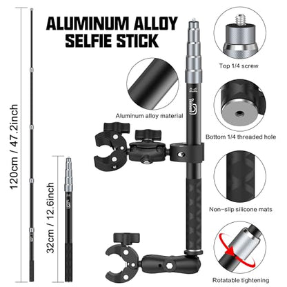 Taisioner Aluminum Alloy Motorcycle Handlebar Mount Double Clamp Locking Anti-Fall, 47" Invisible Selfie Stick for Insta360 X5/X4/X3/X2/ONE RS/GO 2/3 Hero 13-7 DJI Camera