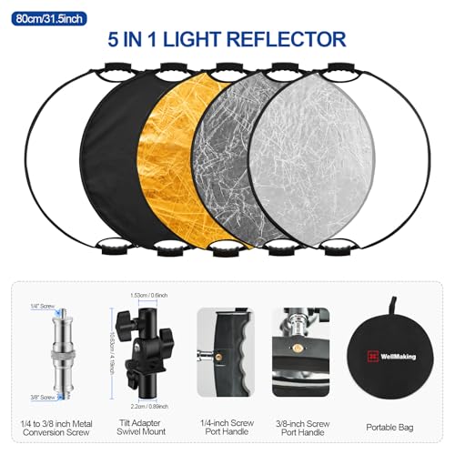 32''(80cm) Reflector Photography, Collapsible Light Reflector with Bag & tilt Adapter, 5 in 1 Handle Reflector for Studio & Outdoor Lighting -Photographer's Gift, No More Assistants Needed - style: Dual Handles