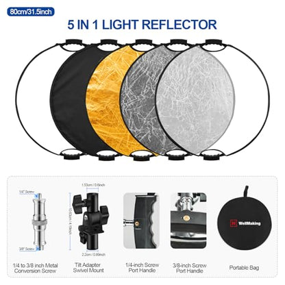 32''(80cm) Reflector Photography, Collapsible Light Reflector with Bag & tilt Adapter, 5 in 1 Handle Reflector for Studio & Outdoor Lighting -Photographer's Gift, No More Assistants Needed - style: Dual Handles