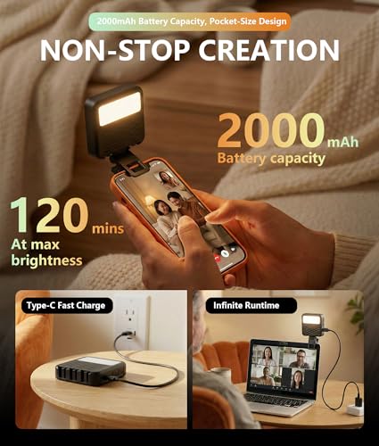 85LEDs Dual-Sided Portable Selfie Light for Dual Camera Recording, Pocket Video Light with Phone Clip & Cold Shoe Mount, 2000mAh Rechargeable for iPhone, Laptop, Vlogging, Zoom & Live Streaming