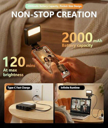 85LEDs Dual-Sided Portable Selfie Light for Dual Camera Recording, Pocket Video Light with Phone Clip & Cold Shoe Mount, 2000mAh Rechargeable for iPhone, Laptop, Vlogging, Zoom & Live Streaming