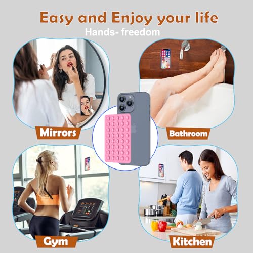 Double Sided Silicone Suction Phone Holder Mount, Silicon Accessory for iPhone and Android, Hands-Free Mirror Shower Phone Holder, TikTok Videos and Selfies (Pink+Violet) - color: Pink+Violet