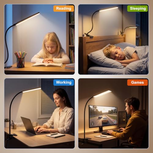 Vansuny Clip on Light LED Desk Lamp with Eye-Caring LED Light and Metal Clip, 6 Level Brightness 3 Color Modes, Power by USB Port 5W Adjustable Neck Reading Lamp for Home and Office (5W, Black) - color: Black