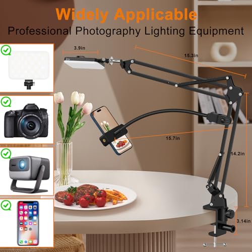 Overhead Phone Mount with 60 LED Portable Selfie Light and Phone Holder for Desk, Camera Mount Arm Stand with Remote, Overhead Stand for Video Recording, Live Streaming, TikTok, YouTube and Cooking