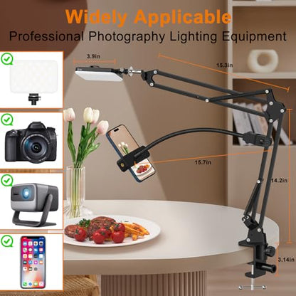 Overhead Phone Mount with 60 LED Portable Selfie Light and Phone Holder for Desk, Camera Mount Arm Stand with Remote, Overhead Stand for Video Recording, Live Streaming, TikTok, YouTube and Cooking