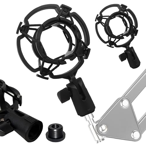 Microphone Shock Mount 2 PACK, Mic Holder Clip for 43-48mm/1.69~1.9in Diameter Condenser Microphone, 3/8 or M16 Internal Thread, with 5/8" Male to 3/8" Female Screw Adapter, Easy to Use (Black) - size: 2 PACK