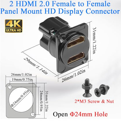 QIANRENON Dual HDMI 2.0 Panel Mount HD Display Adapter 4K HDMI 2.0 Female to Female Fixed Mount HDTV Connector 2 Port HDMI Feedthrough Bulkhead Mount Socket, for TV Projector Multimedia Display