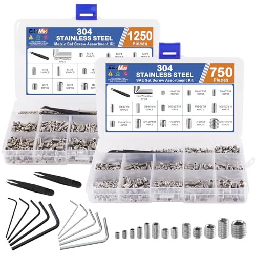 2000PCS Set Screws, 26 Sizes Metric & Sae Set Screw Assortment Kit, Allen Head Hex Socket Head Grub Screws for Bathroom Fixtures, Door Handles, 304 Stainless Steel (M3-M8, 1/8"-40 to 5/16"-18) - size: 2000PCS-Silver