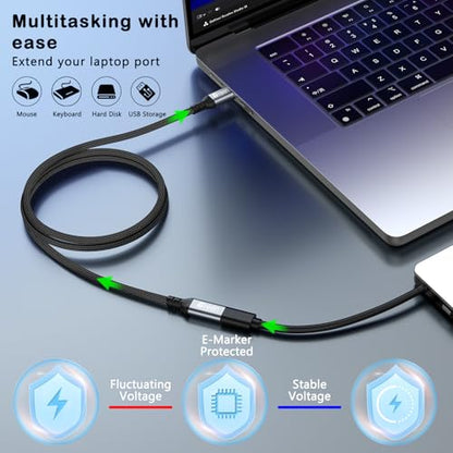 Green Jiss® USB C Extension Cable 10ft, 20Gbps/4K@60Hz, Video Heavy Duty USB3.2 Gen2 Extender Male to Female Full Function Ultra-High Speed Transfer USB Type C Extender 240W Fast Charging Cable - size: 10 FT